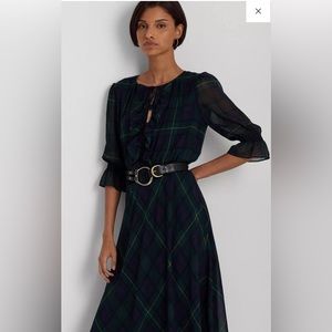 EUC Beautiful LAUREN RALPH LAUREN Women's Plaid Crinkle Georgette Dress Navy Mu